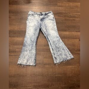 Flying Monkey High Rise Super Flare Acid Wash Jeans with Raw Hem Split Size 34